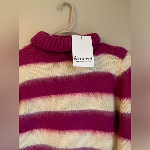 &Merci Fuzzy Striped Sweater turtleneck soft nwt mohair blend - Picture 6 of 9